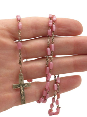 Antique Catholic Rosary with Pink Glass Beads like new