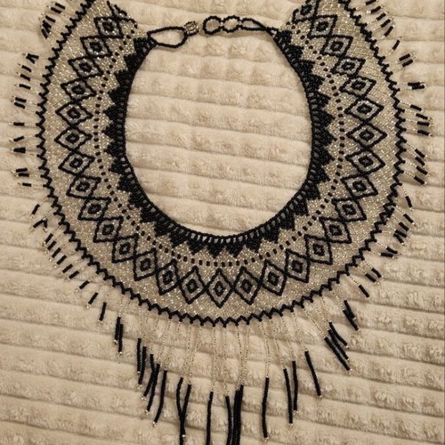 Black Silver Necklace handmade with geometric pattern and fringe