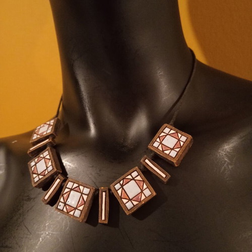 Ethnic handmade clay necklace with enamel, 2004, new