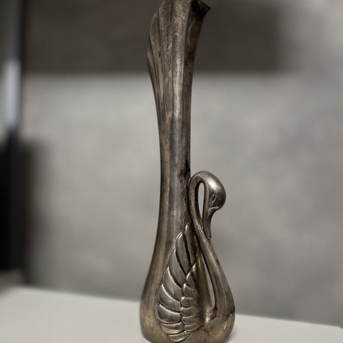 Vintage silver-plated metal mini swan vase