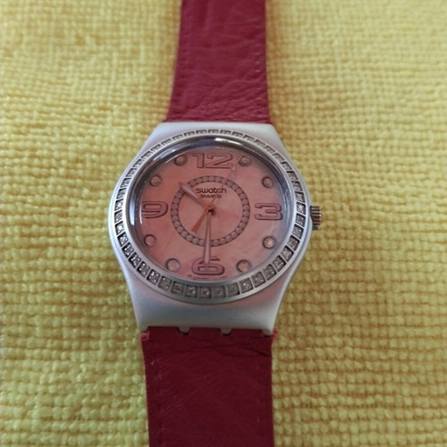 Swatch collectible watch with stones and leather strap, red and pink