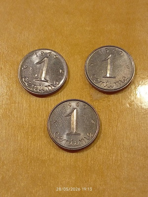 French 1 Centime Coins used, set of 3, 1969 stainless steel