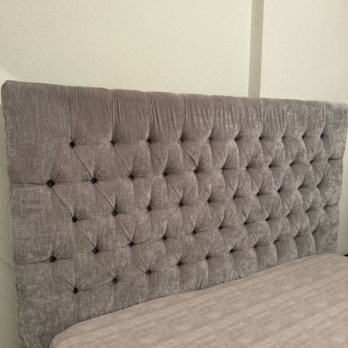 Double bed with water-repellent grey beige fabric and mattress like new