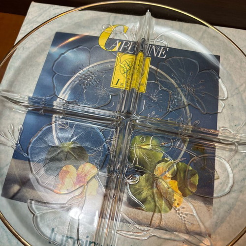 Luminarc Capucine πιατέλα 4 θέσεων καινούργια, floral glass με χρυσό χείλος