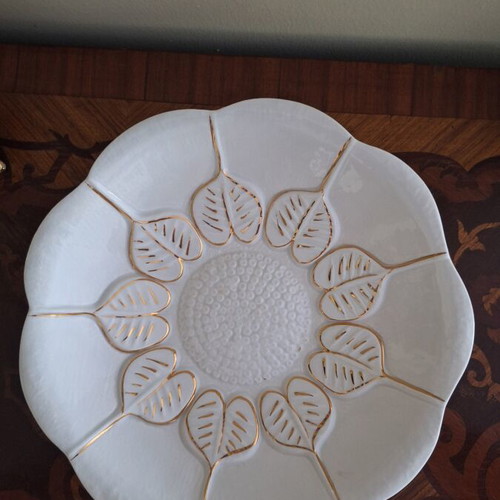 Handmade ceramic platter white with gold decoration, like new