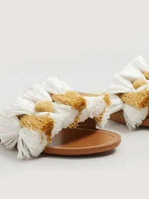 Mango boho tassel raffia flat sandals size 38 like new