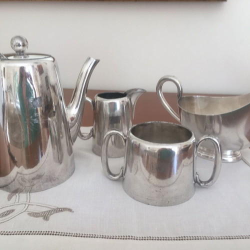 Silver-plated coffee set used Sheffield 1950s with sugar, cream, and sauce pots