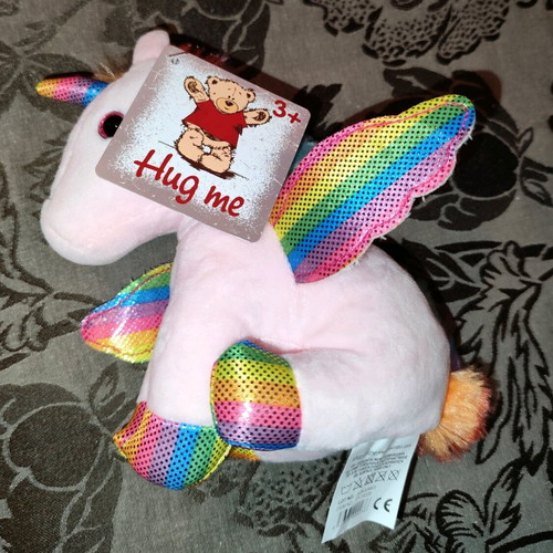 Plush unicorn sitting pink with colorful wings mane and tail new