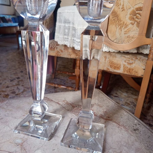 Pair of tall vintage crystal candlesticks