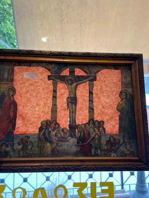 Old handmade religious image used with resurrection and last supper