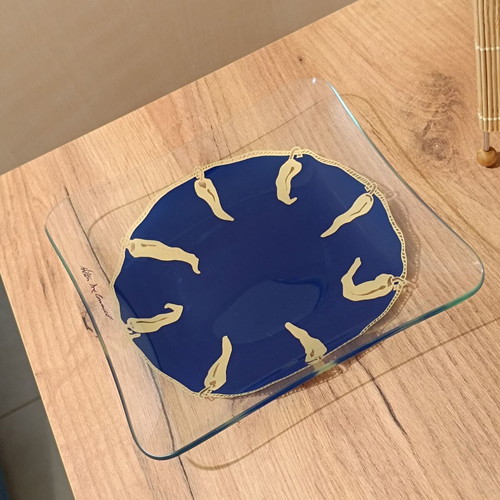 Square glass decorative plate Hilton McConnico like new with golden peppers