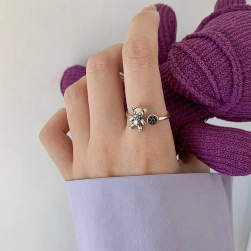 S925 Silver Adjustable Bear Ring with Black Stones