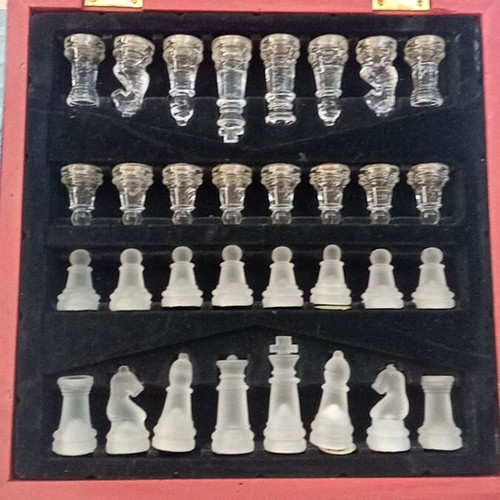 Vintage 1970 chess set with glass pieces and walnut case