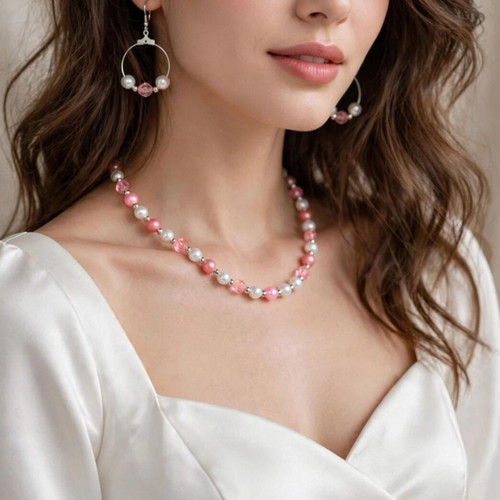 Handmade pink and white jewelry set new