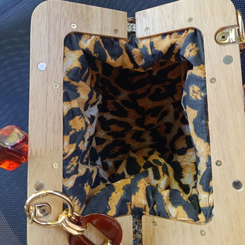 Handmade clutch bag beige with wooden frame and amber beads, new
