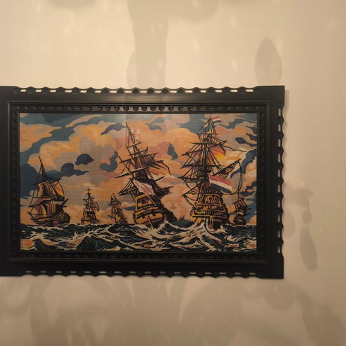 Vintage Embroidered Textile Painting with Dutch Ships like new