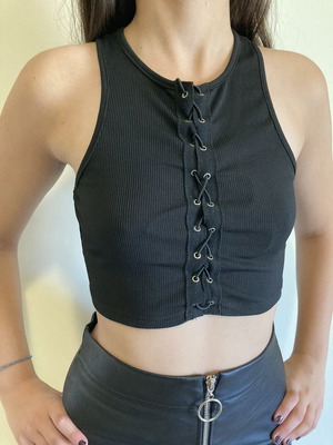 Black crop top with adjustable lace-up cords new, size S