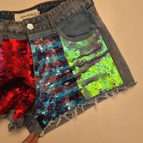 Silvian Heach Sequin Denim Shorts like new, W25, colorful festival style