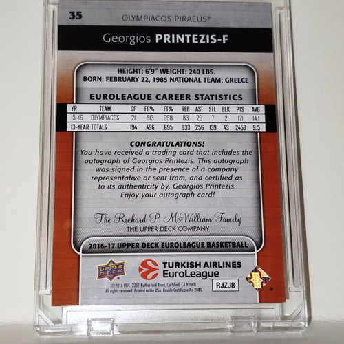 Georgios Printezis autograph card 2016-17 Upper Deck Euroleague Basketball like new