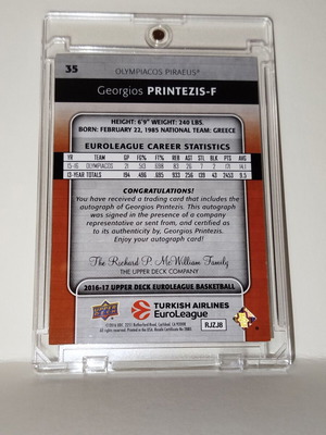 Georgios Printezis autograph card 2016-17 Upper Deck Euroleague Basketball like new