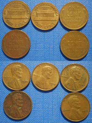 America United States 1 Cent used, pack of 5 coins 1952-1970D