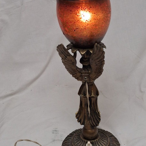 Art Nouveau table lamp with winged female figure and artistic glass shade