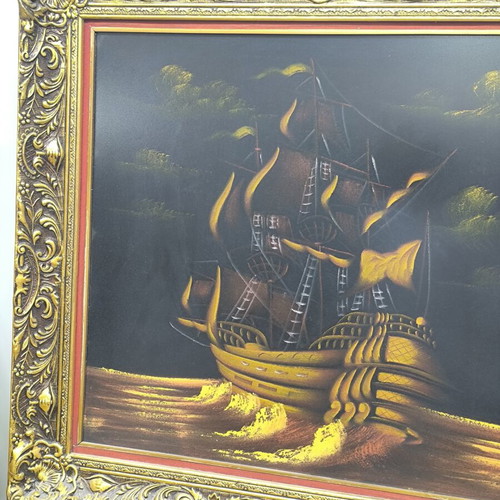 Painting with golden sailing ships under full moon, like new