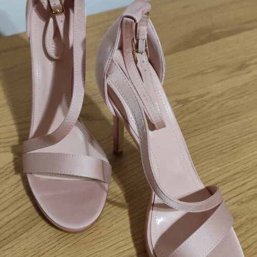 Satin sandals with diagonal strap and buckle new, size 40, nude