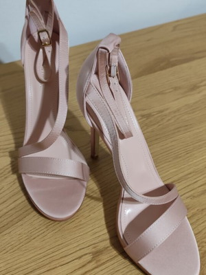 Satin sandals with diagonal strap and buckle new, size 40, nude
