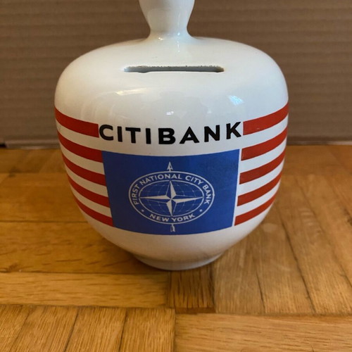 First National City Bank collectible piggy bank used, 1970 period