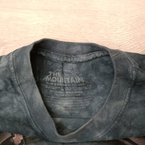 The Mountain T-shirt with wolf print and headphones, used, indigo tie-dye