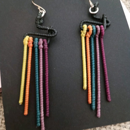 Handmade earrings with wire, wax thread, silk thread, silver hook new