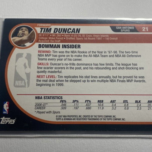 2007 Bowman Tim Duncan #21 San Antonio Spurs HOF card new