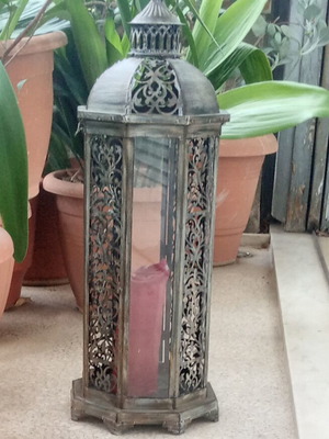 Decorative vintage lantern used, patinated iron and glass