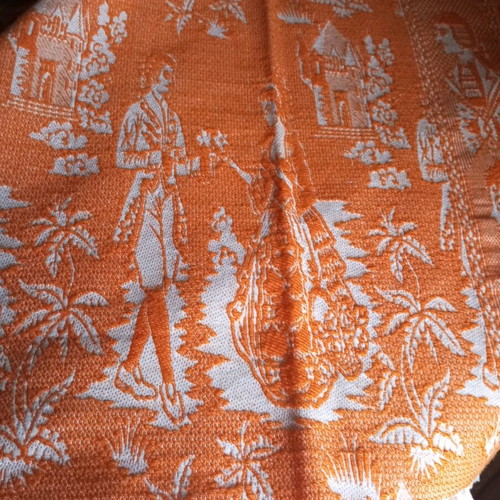 Wool woven blanket new with ecru and orange patterns