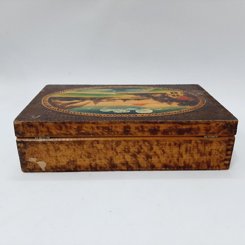 Vintage pyrography wooden box with landscape painting, 1960s