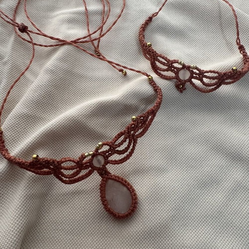 Macrame jewelry set with white opalite and quartz, new
