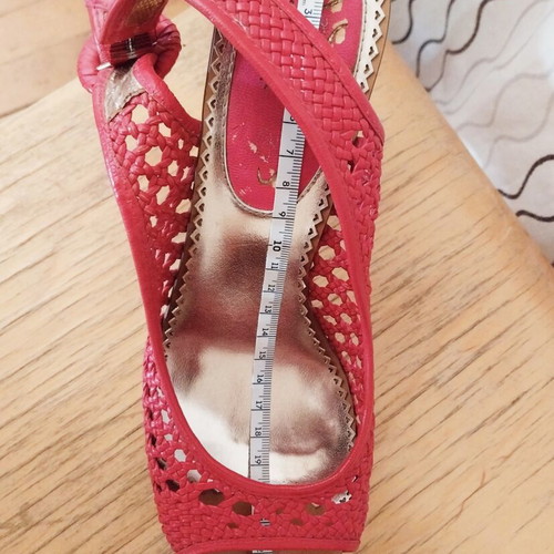Poetic Licence vintage platform sandals used, slingback peep toe coral pink
