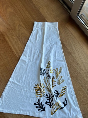 Strapless dress used, white cotton with gold and black Matisse print, size XS-S