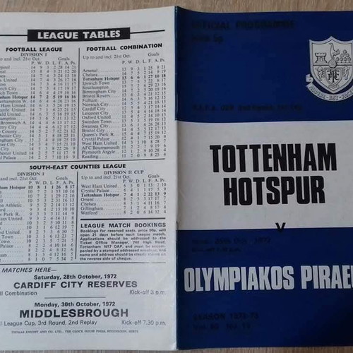 Official Tottenham-Olympiakos match program 25 October 1972 like new