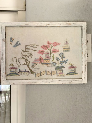 Vintage handmade cross-stitch framed embroidery pair, Blue Willow motif