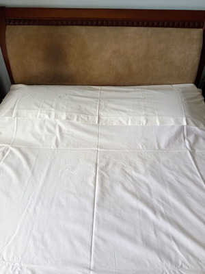 Vintage white cotton embroidered top sheet used, super king 254x226cm