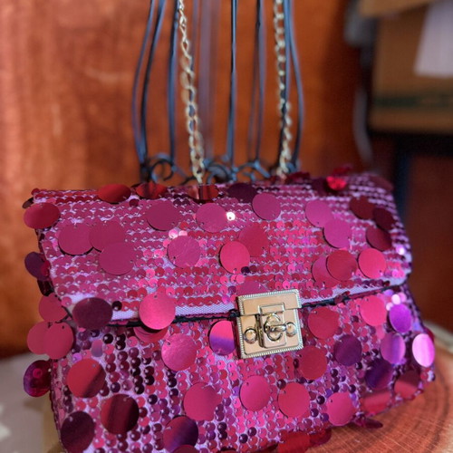 Mini crossbody bag with sequins like new, fuchsia