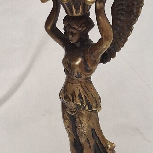 Art Nouveau table lamp with winged female figure and artistic glass shade