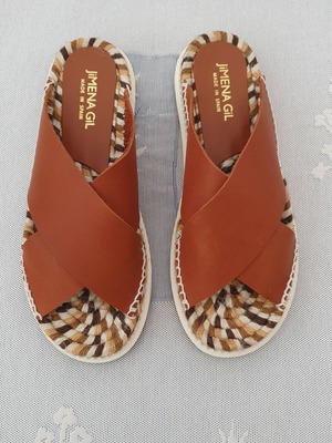 Jimena Gil sandals new, leather tan with woven sole