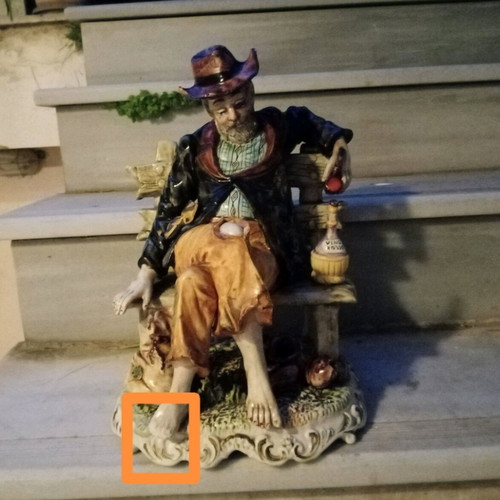 Italian porcelain vintage figure of old man with wine jug and pipe used
