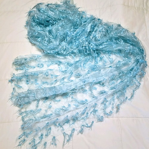 Blue scarf with fringes like new, lightweight and semi-transparent