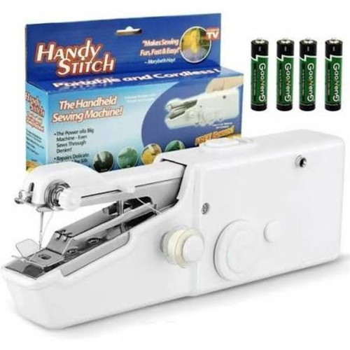 Handheld sewing machine, opened box, 3 bobbins and accessories