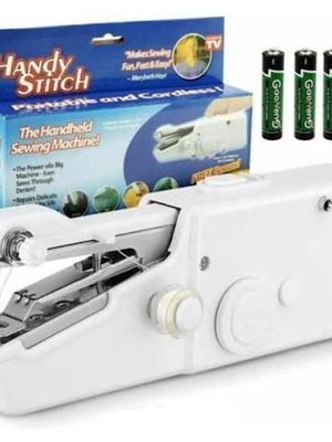 Handheld sewing machine, opened box, 3 bobbins and accessories