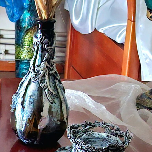 Decorative glass bottle with mixed media vintage baroque style
